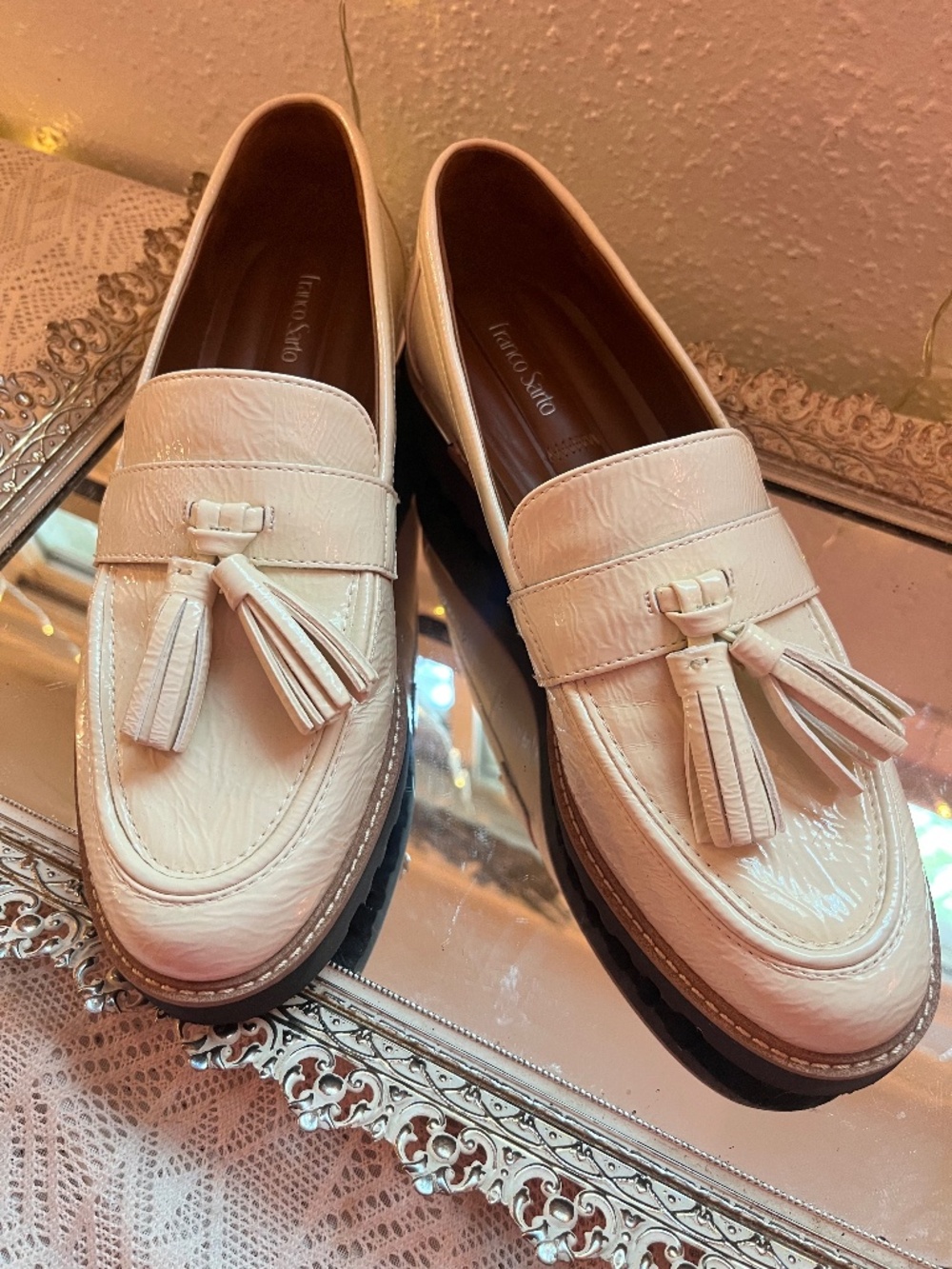 Franco Sarto Cream Patent Leather Tassel Lug Sole Loafers